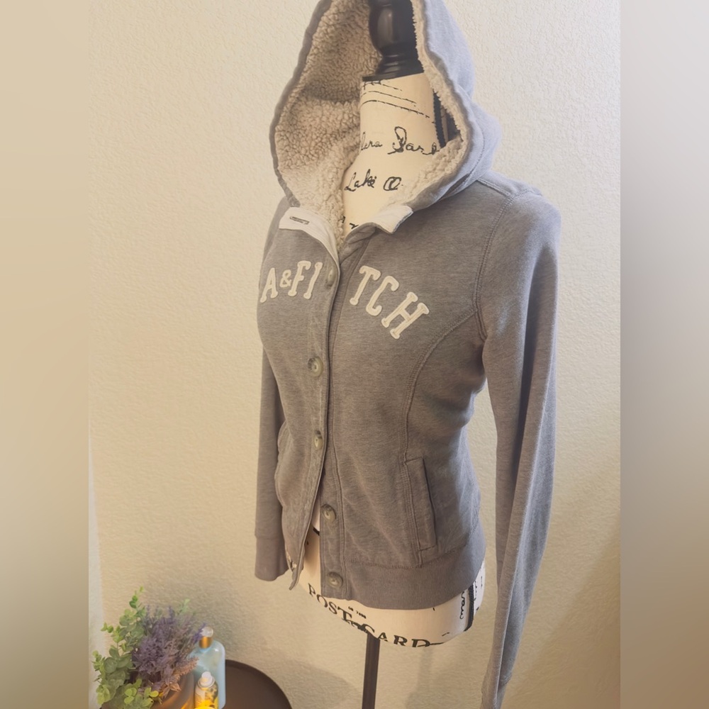 Y2K Icon! Abercrombie & Fitch Sherpa-Lined Logo Hoodie - Grey - Size Large - Picture 2 of 5